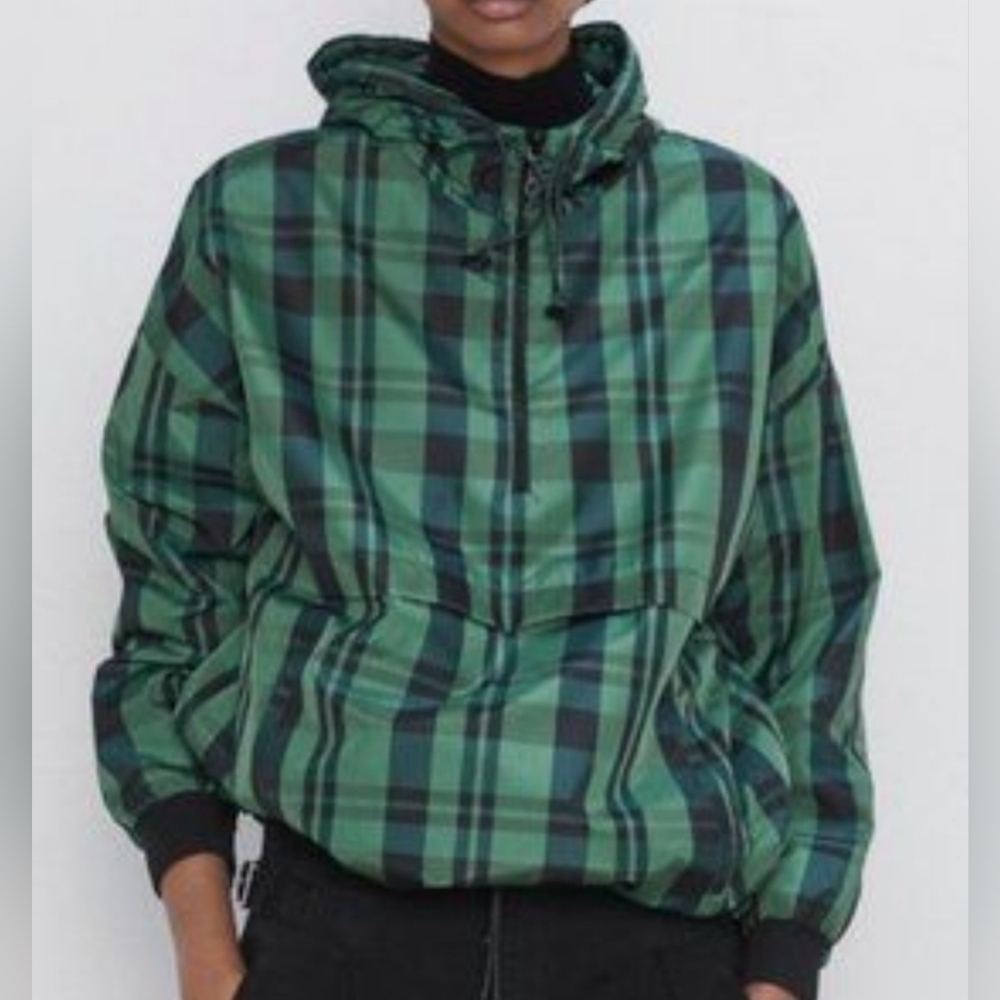Zara Plaid Hooded Windbreaker Jacket Green Black Half Zip Medium